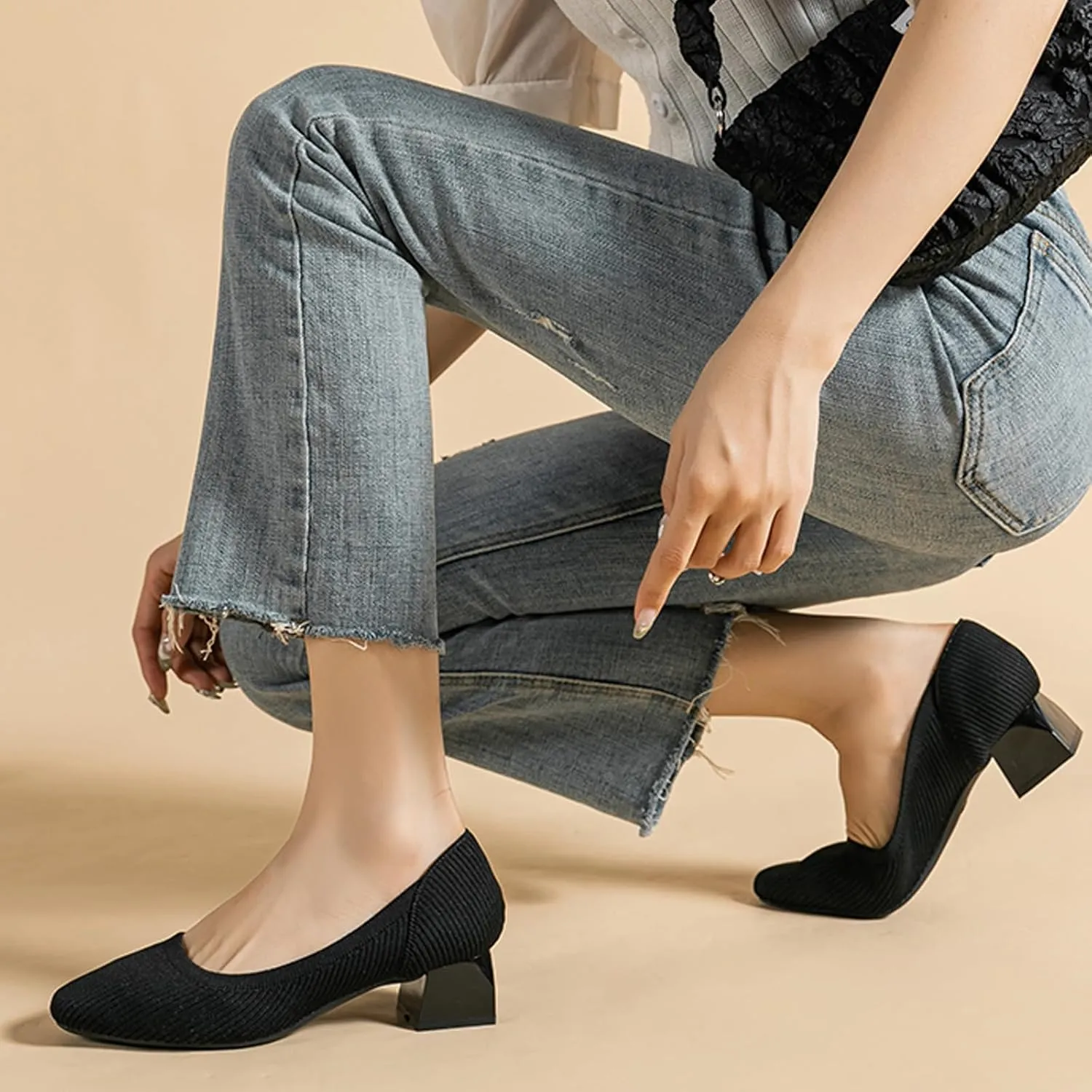 EFTCAL Women's Knit Chunky Heel Pumps Square Closed Toe Comfort Slip On Backless Low Block Heels Outdoor Casual Work Wedding Party Dress Shoes