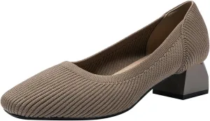 EFTCAL Women's Knit Chunky Heel Pumps Square Closed Toe Comfort Slip On Backless Low Block Heels Outdoor Casual Work Wedding Party Dress Shoes
