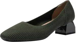 EFTCAL Women's Knit Chunky Heel Pumps Square Closed Toe Comfort Slip On Backless Low Block Heels Outdoor Casual Work Wedding Party Dress Shoes