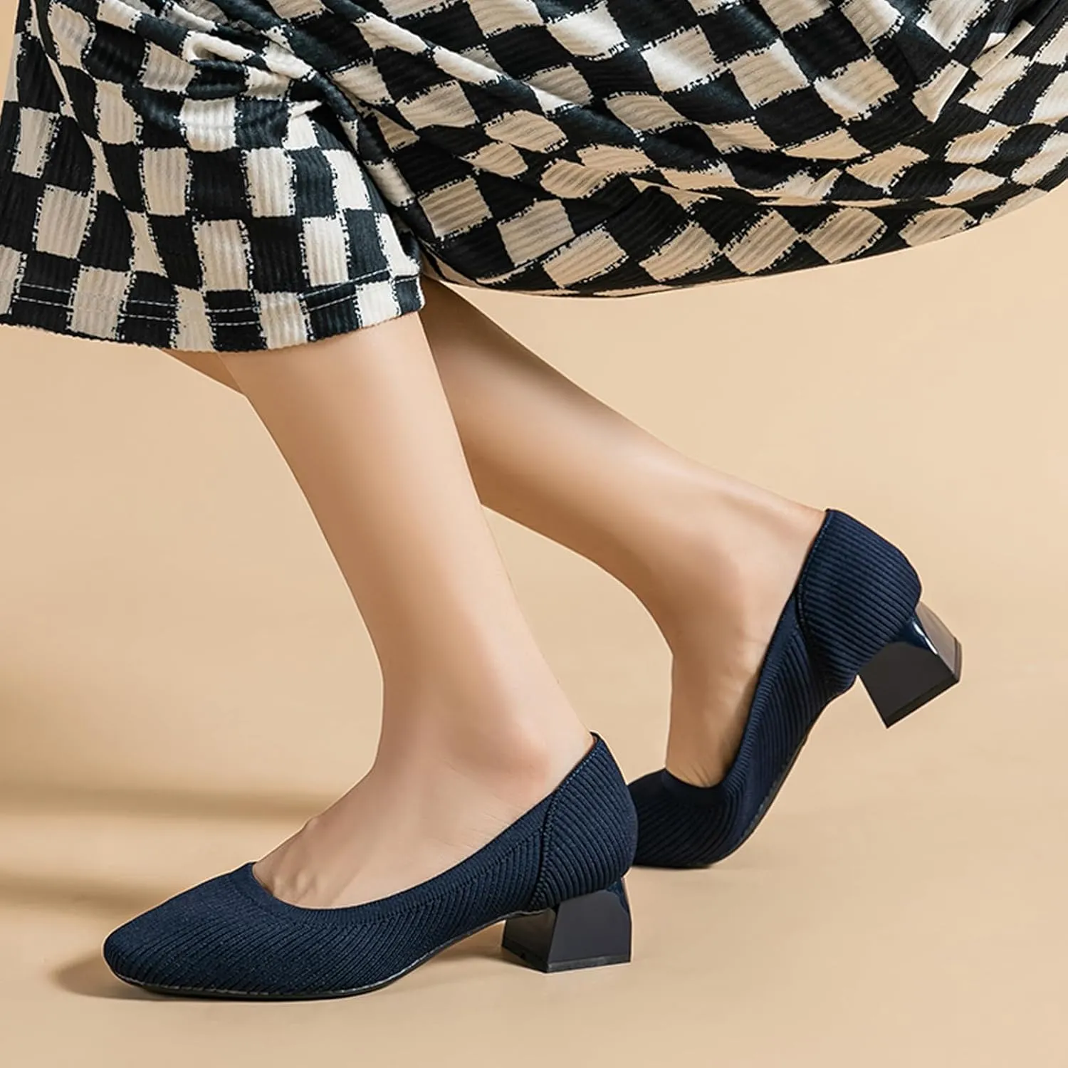 EFTCAL Women's Knit Chunky Heel Pumps Square Closed Toe Comfort Slip On Backless Low Block Heels Outdoor Casual Work Wedding Party Dress Shoes