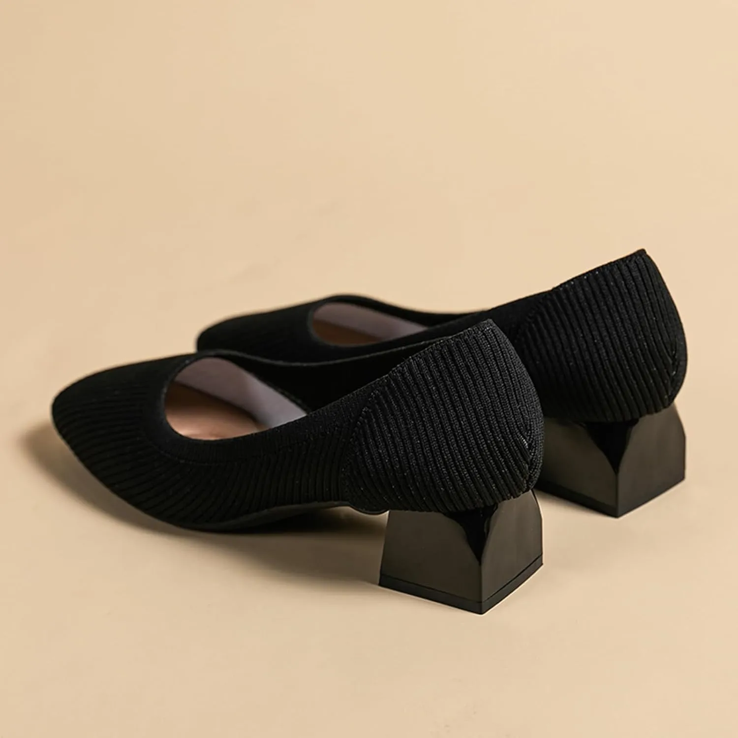 EFTCAL Women's Knit Chunky Heel Pumps Square Closed Toe Comfort Slip On Backless Low Block Heels Outdoor Casual Work Wedding Party Dress Shoes