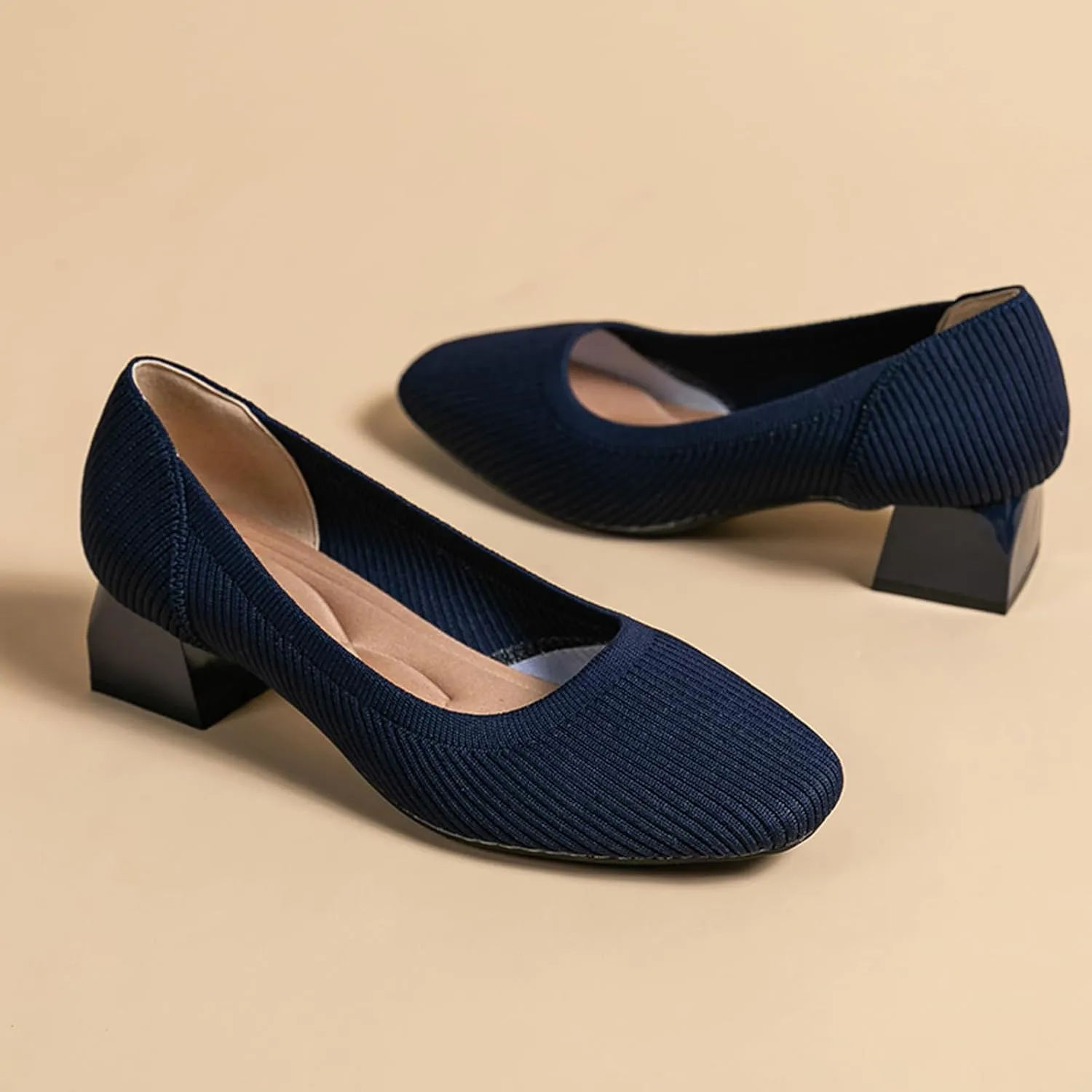 EFTCAL Women's Knit Chunky Heel Pumps Square Closed Toe Comfort Slip On Backless Low Block Heels Outdoor Casual Work Wedding Party Dress Shoes