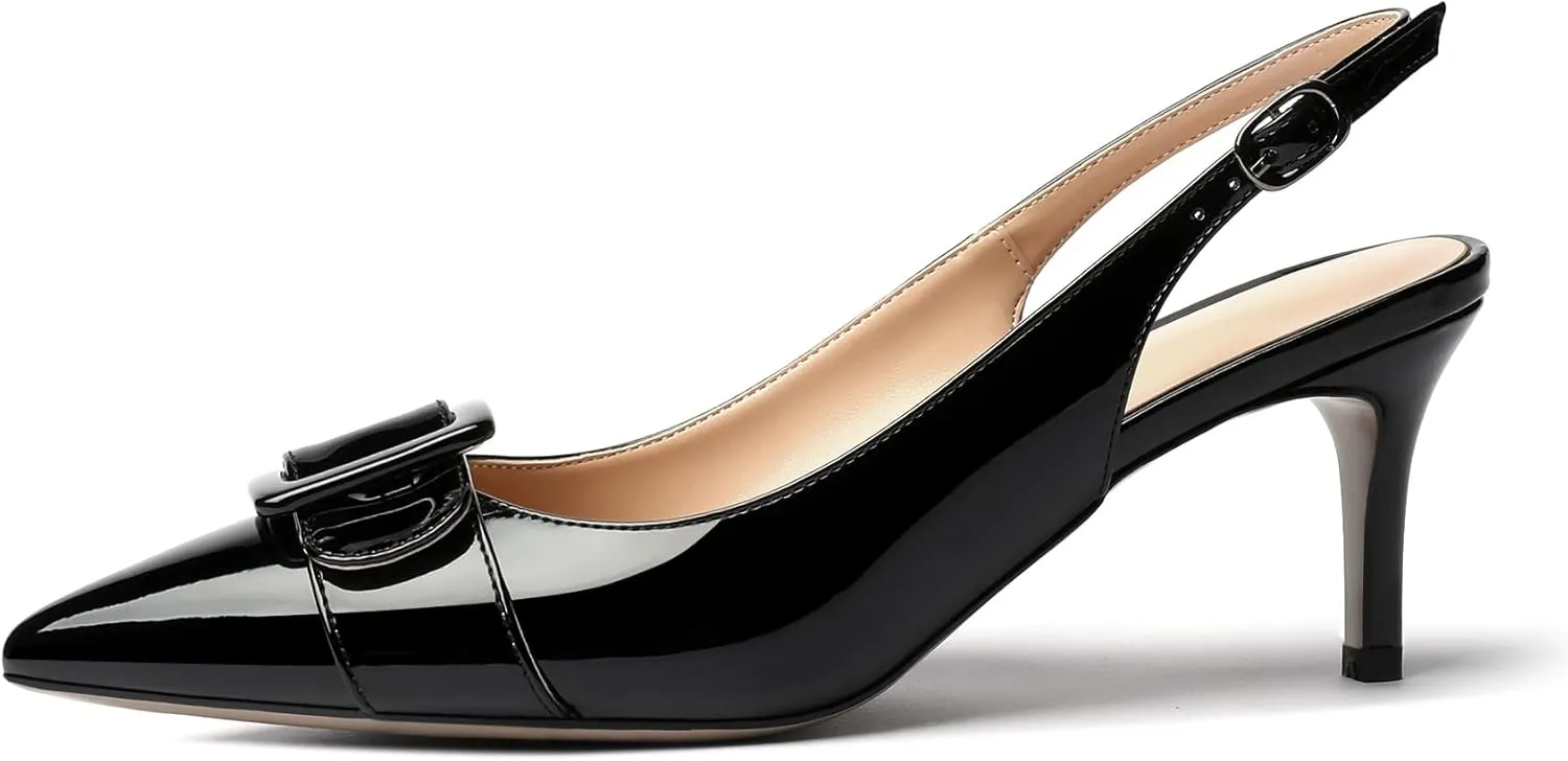 Eldof Women's Kitten Heel Pumps, Pointed Toe Slingback Heels with Adjustable Strap, Mid Heels with Bowtie, Dress Shoes for Ladies Wedding Party Office Evening
