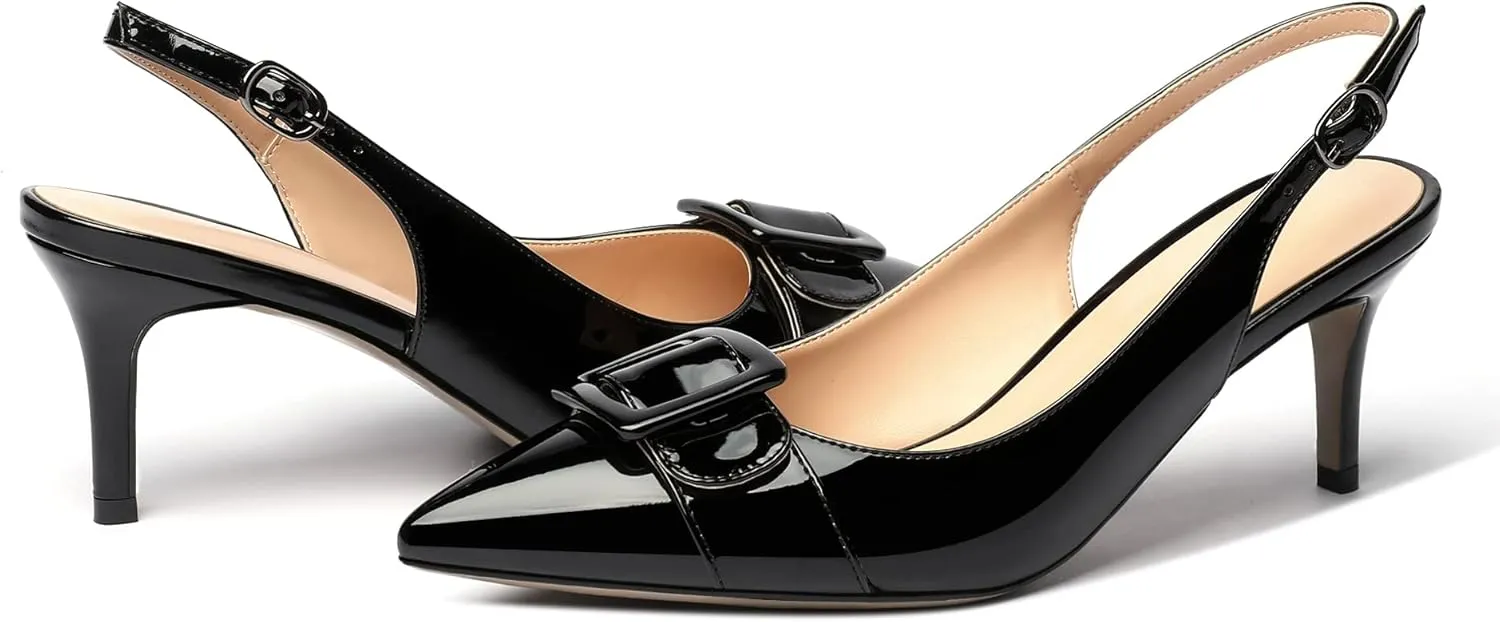 Eldof Women's Kitten Heel Pumps, Pointed Toe Slingback Heels with Adjustable Strap, Mid Heels with Bowtie, Dress Shoes for Ladies Wedding Party Office Evening