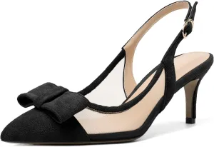 Eldof Women's Pointed Toe Kitten Heel Slingback Pumps with Bowtie, 2.6 Inch Heeled Pumps Dress Shoes for Ladies Wedding Party Office Evening