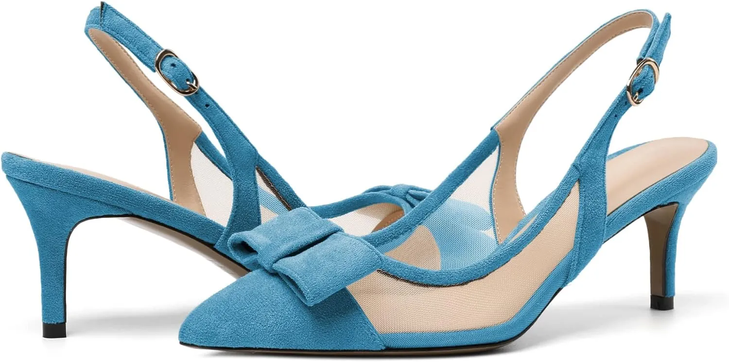 Eldof Women's Pointed Toe Kitten Heel Slingback Pumps with Bowtie, 2.6 Inch Heeled Pumps Dress Shoes for Ladies Wedding Party Office Evening