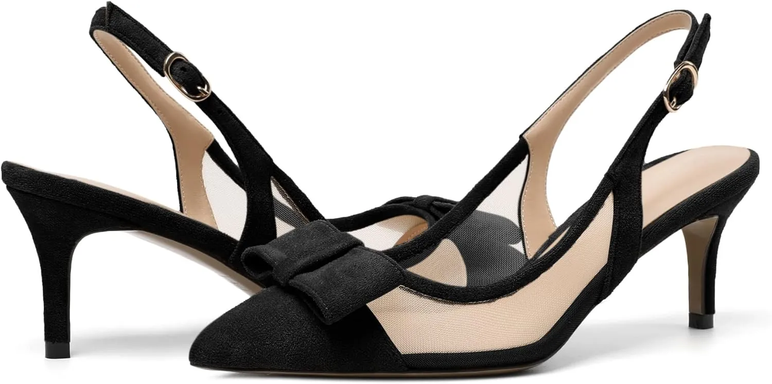 Eldof Women's Pointed Toe Kitten Heel Slingback Pumps with Bowtie, 2.6 Inch Heeled Pumps Dress Shoes for Ladies Wedding Party Office Evening