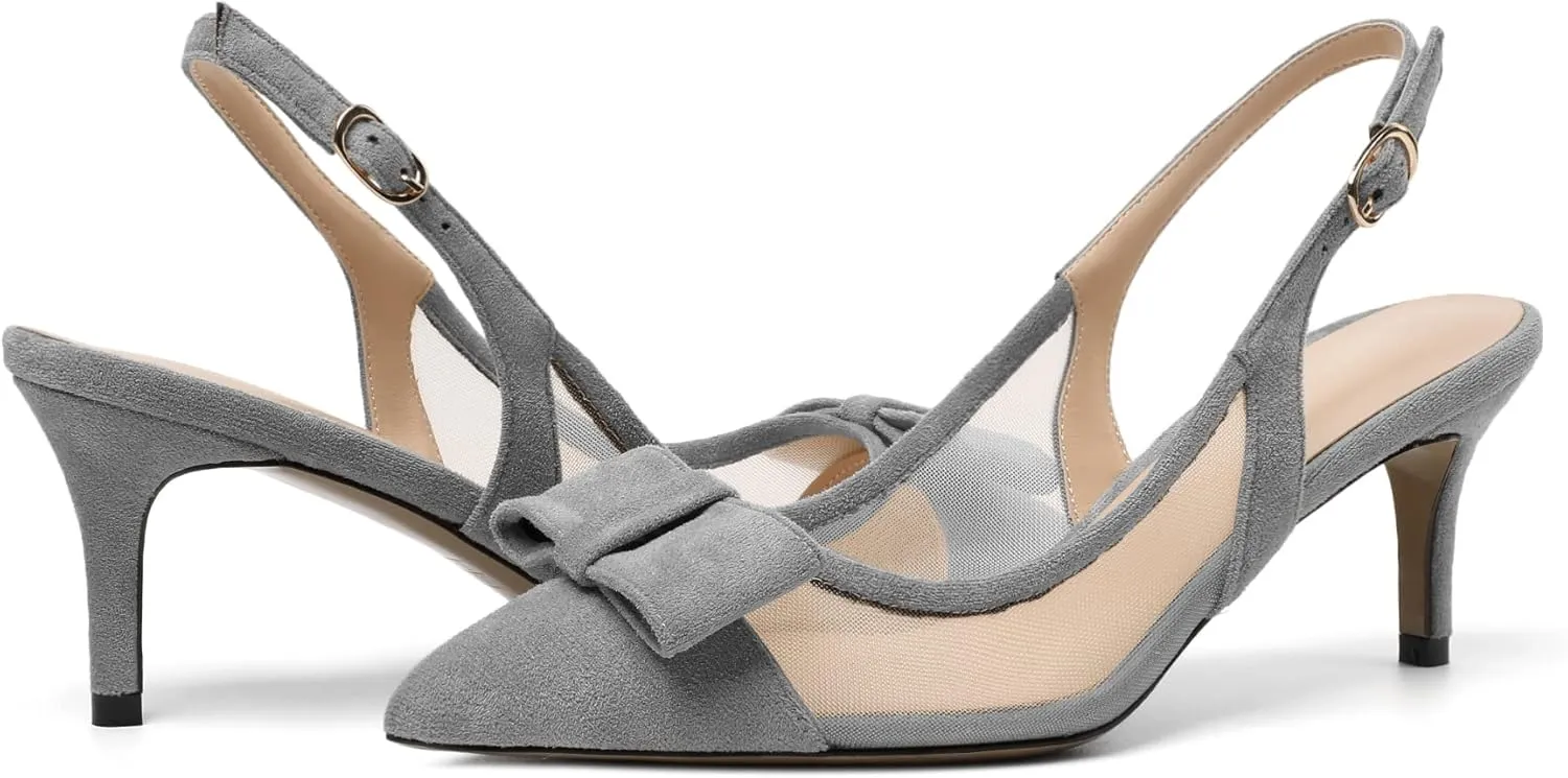 Eldof Women's Pointed Toe Kitten Heel Slingback Pumps with Bowtie, 2.6 Inch Heeled Pumps Dress Shoes for Ladies Wedding Party Office Evening