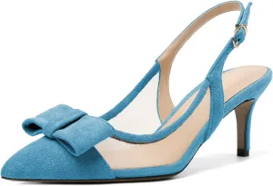 Eldof Women's Pointed Toe Kitten Heel Slingback Pumps with Bowtie, 2.6 Inch Heeled Pumps Dress Shoes for Ladies Wedding Party Office Evening