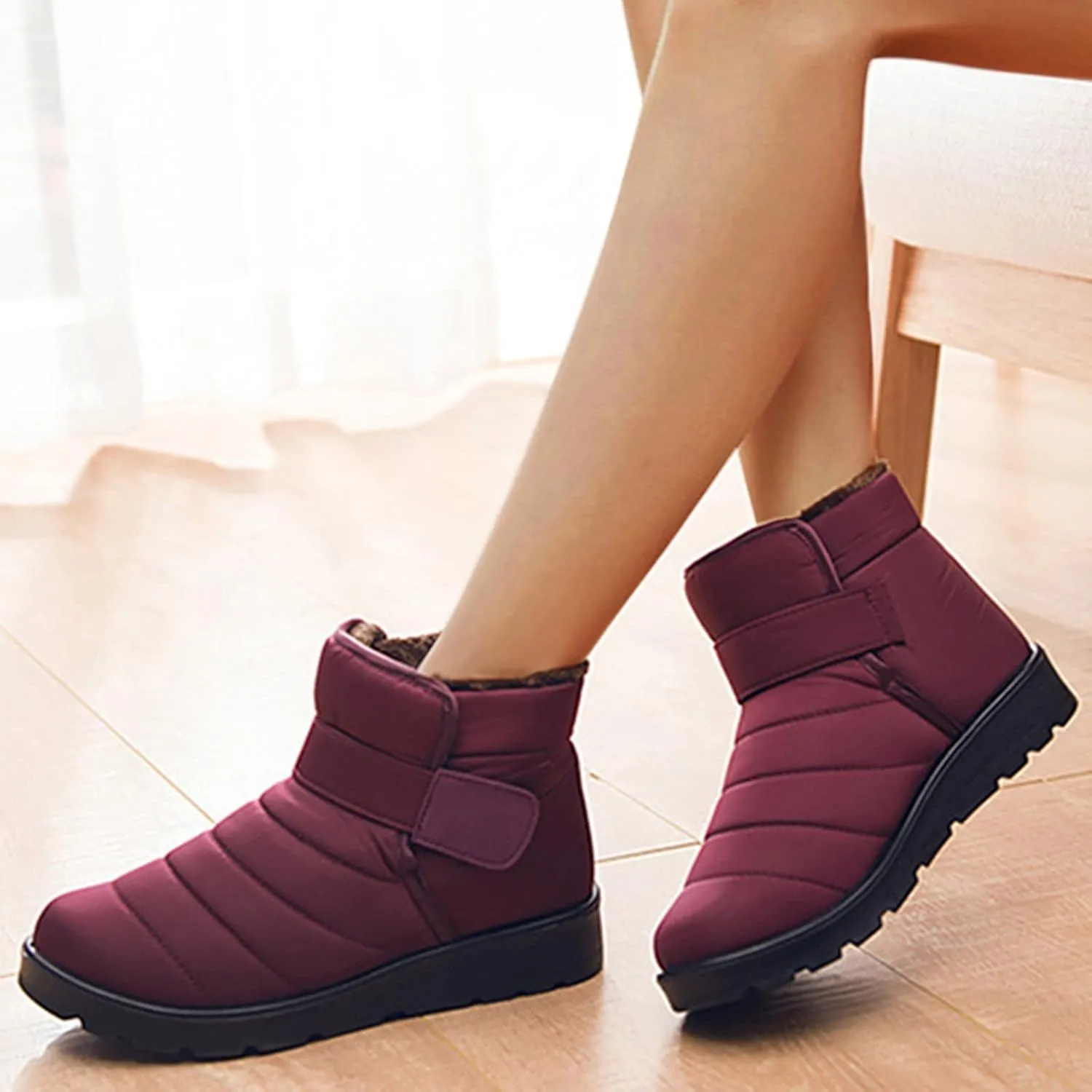 Fall Boots Womens Lug Sole Platform Anti Slip Shoes Winter Waterproof Boots Snow Slip On Ankle Fur Lined Booties