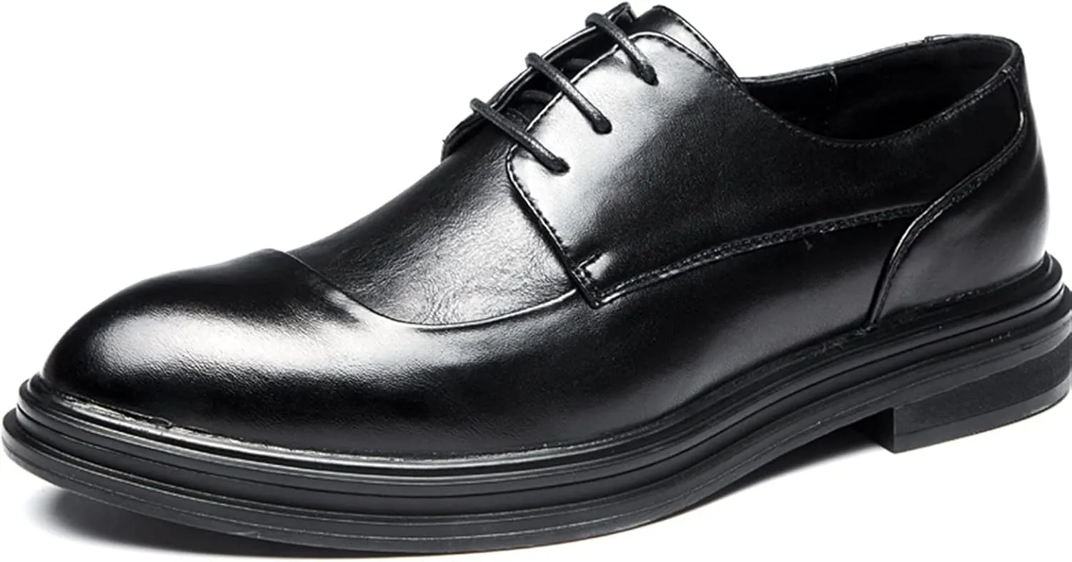 Fashion Patchwork Oxfords for Men 3-Eye Leisure Burnish Shoes Lace-up Almond Toe Vegan Leather Thick Sole Waxed Laces Block Heel Formal Men