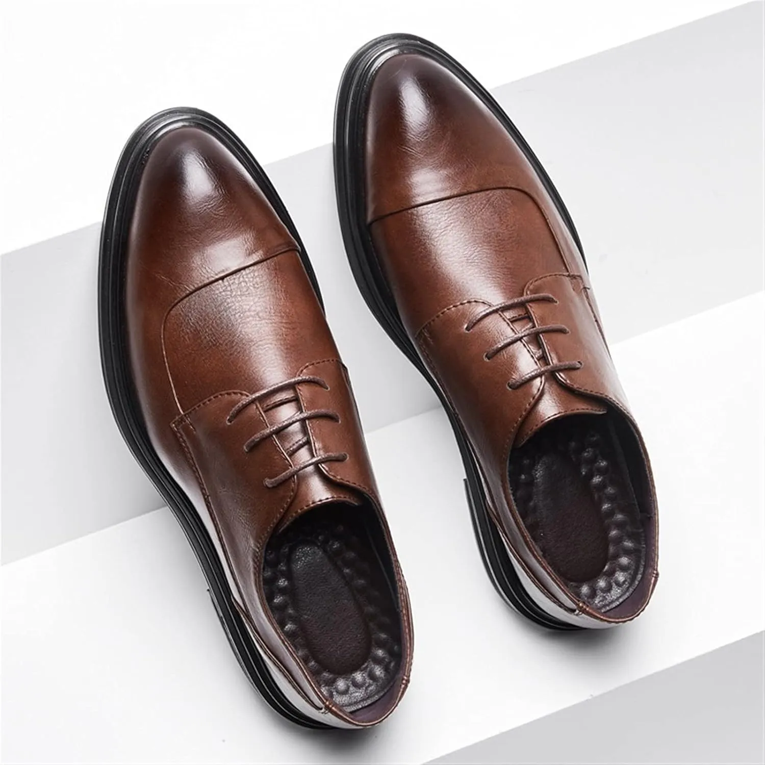 Fashion Patchwork Oxfords for Men 3-Eye Leisure Burnish Shoes Lace-up Almond Toe Vegan Leather Thick Sole Waxed Laces Block Heel Formal Men