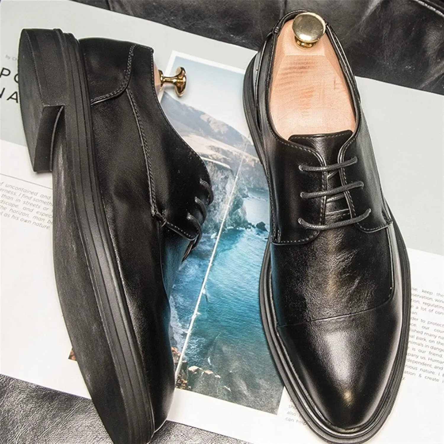 Fashion Patchwork Oxfords for Men 3-Eye Leisure Burnish Shoes Lace-up Almond Toe Vegan Leather Thick Sole Waxed Laces Block Heel Formal Men