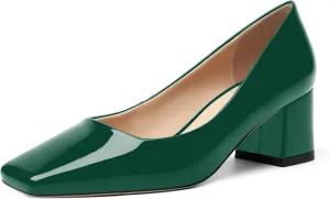 FOGEENA Womens Fashion Comfortable Square Toe Slip On Patent Leather Evening Chunky Low Heel Pumps Dress Shoes 2.2 Inch