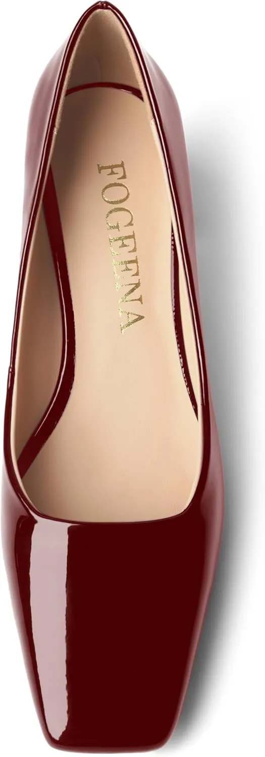 FOGEENA Womens Fashion Comfortable Square Toe Slip On Patent Leather Evening Chunky Low Heel Pumps Dress Shoes 2.2 Inch