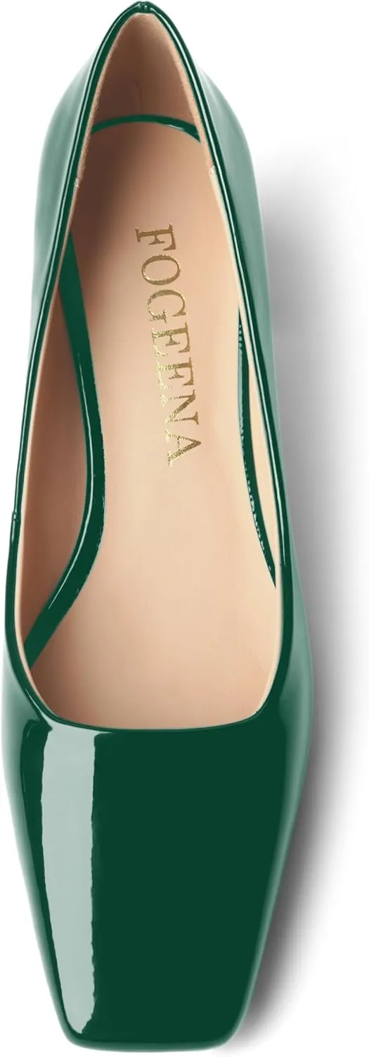 FOGEENA Womens Fashion Comfortable Square Toe Slip On Patent Leather Evening Chunky Low Heel Pumps Dress Shoes 2.2 Inch