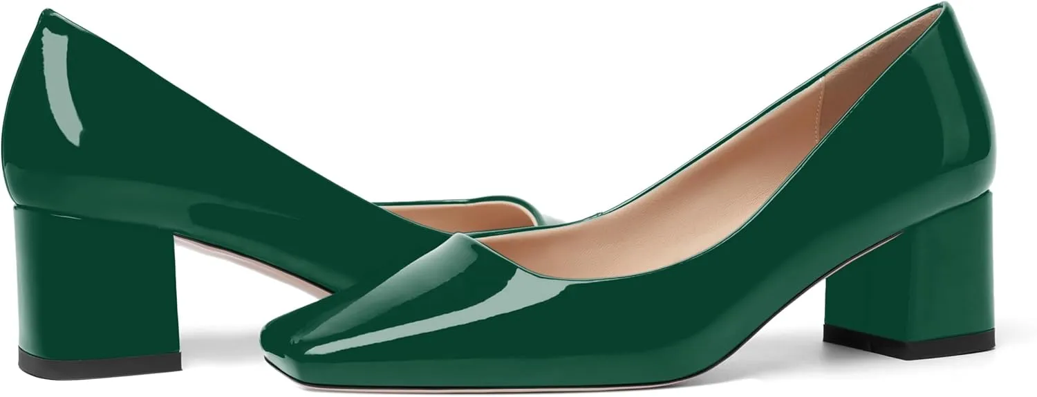 FOGEENA Womens Fashion Comfortable Square Toe Slip On Patent Leather Evening Chunky Low Heel Pumps Dress Shoes 2.2 Inch