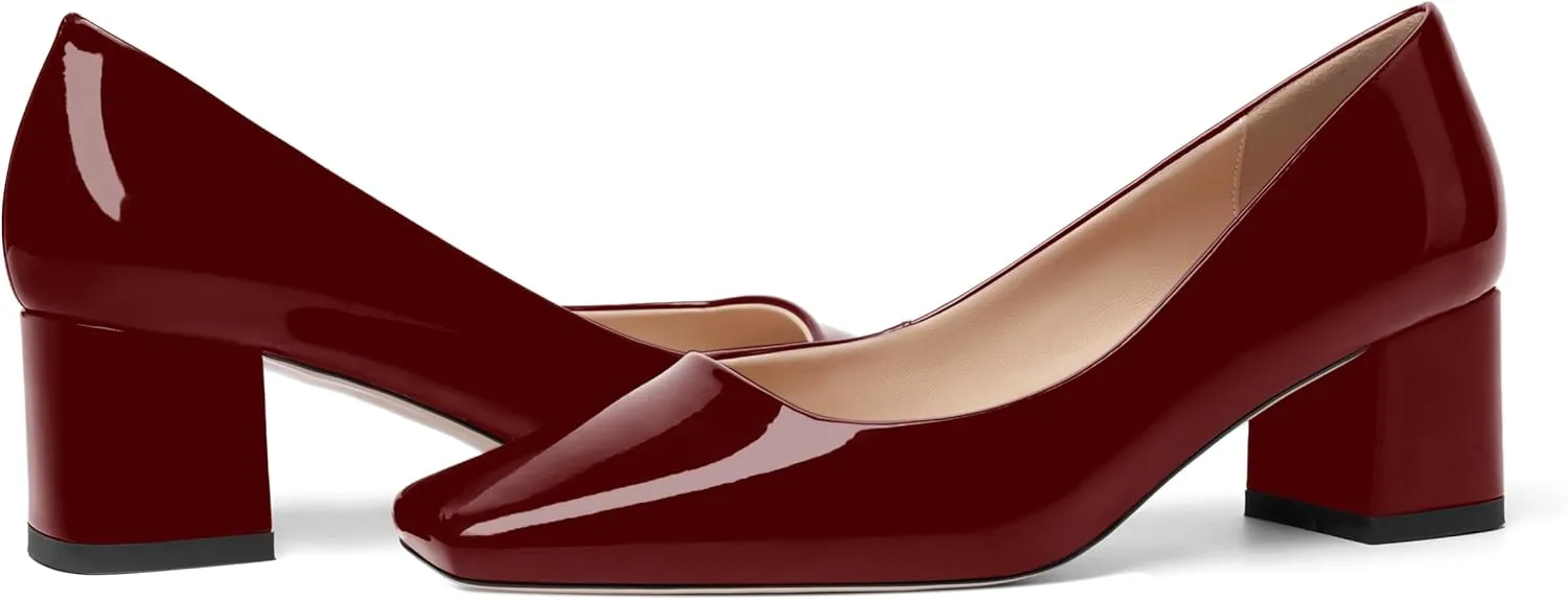 FOGEENA Womens Fashion Comfortable Square Toe Slip On Patent Leather Evening Chunky Low Heel Pumps Dress Shoes 2.2 Inch