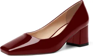 FOGEENA Womens Fashion Comfortable Square Toe Slip On Patent Leather Evening Chunky Low Heel Pumps Dress Shoes 2.2 Inch