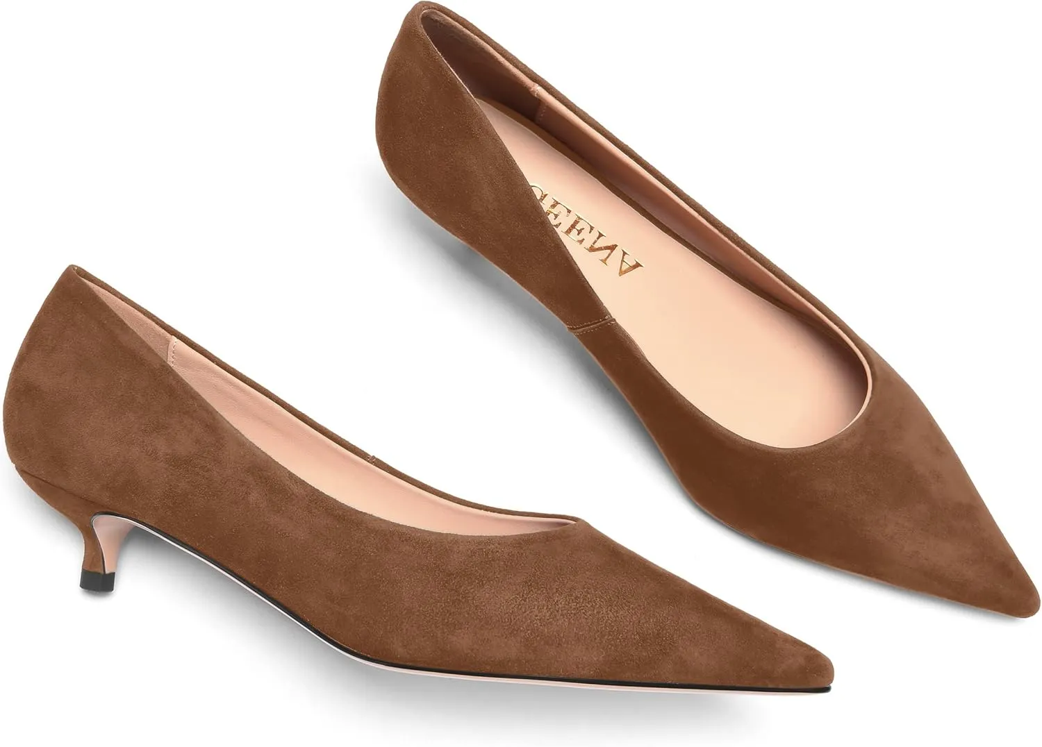 FOGEENA Womens Wedding Pointed Toe Slip On Dress Suede Leather Kitten Low Heel Pumps Shoes 1.5 Inch