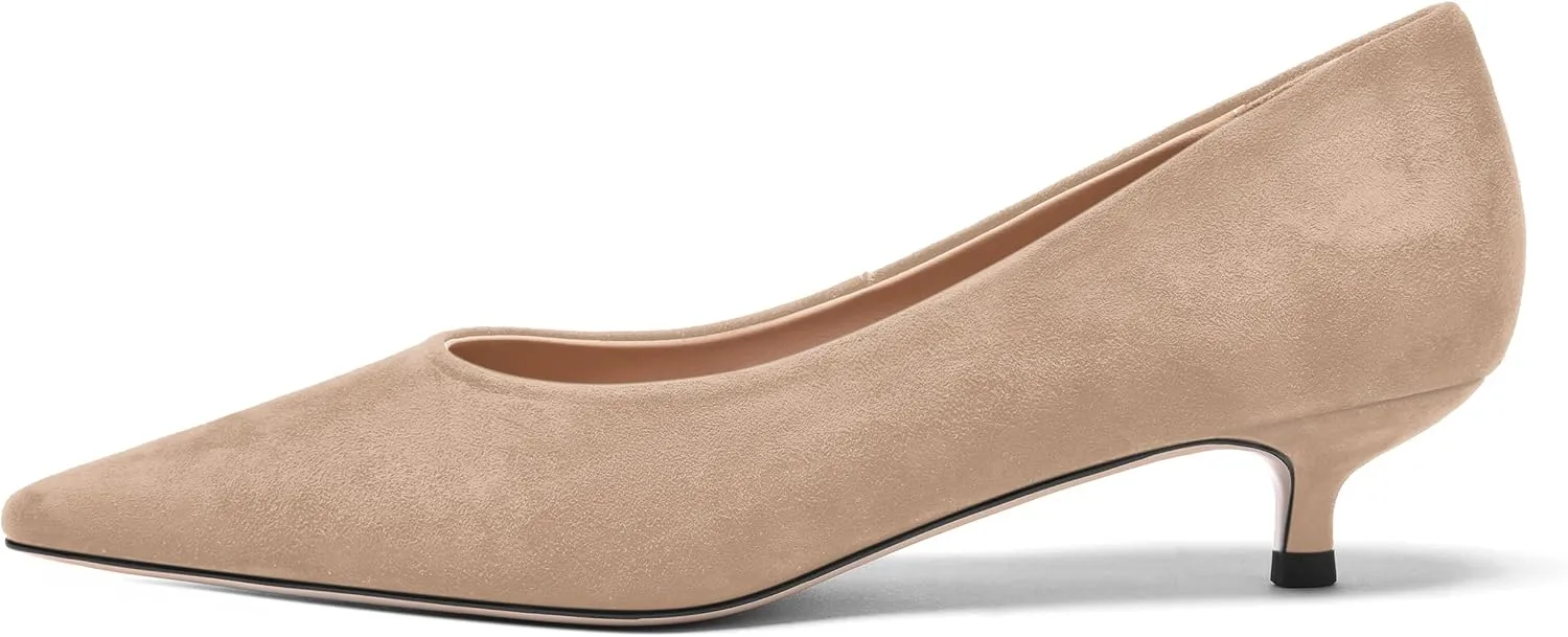 FOGEENA Womens Wedding Pointed Toe Slip On Dress Suede Leather Kitten Low Heel Pumps Shoes 1.5 Inch
