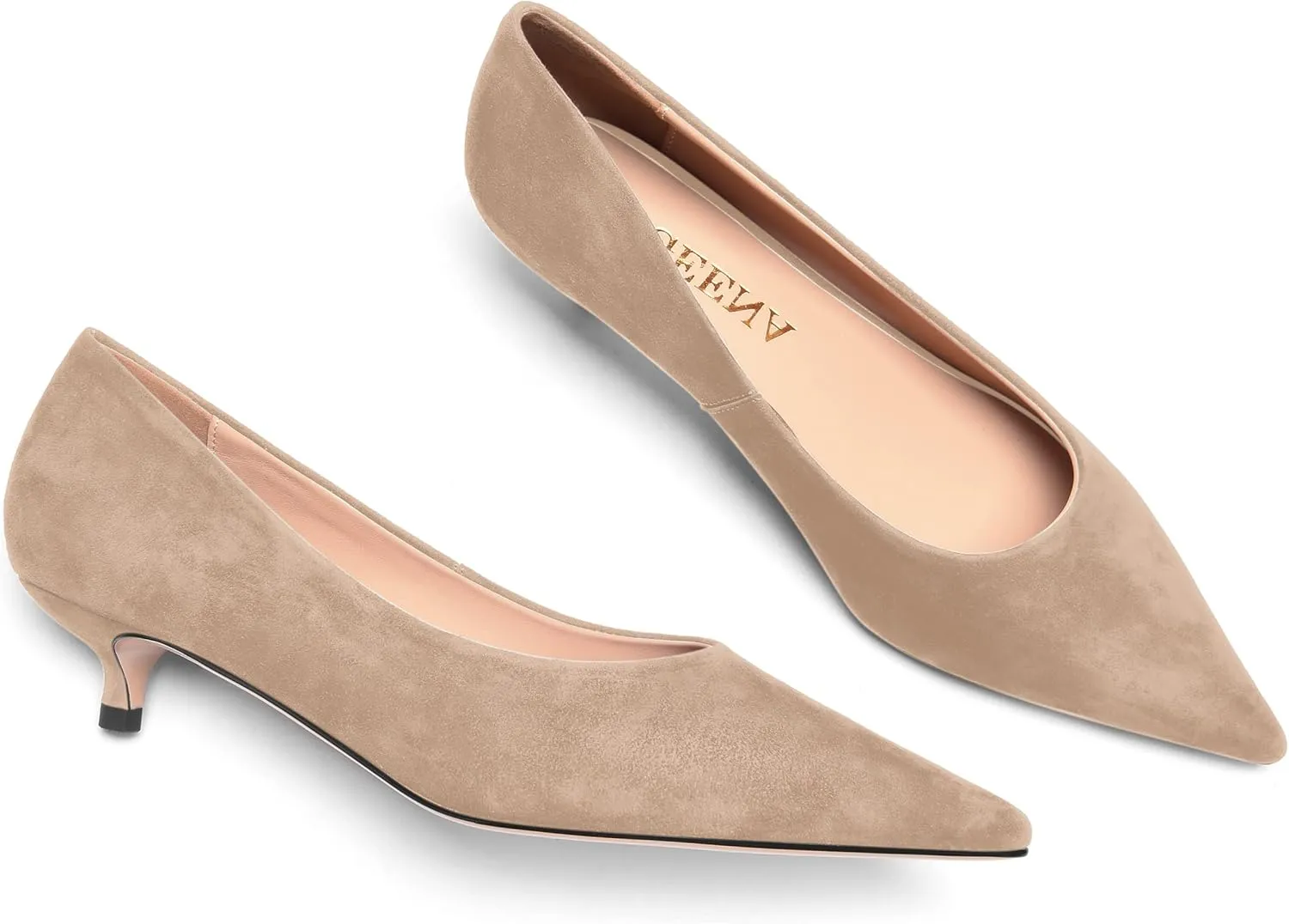 FOGEENA Womens Wedding Pointed Toe Slip On Dress Suede Leather Kitten Low Heel Pumps Shoes 1.5 Inch