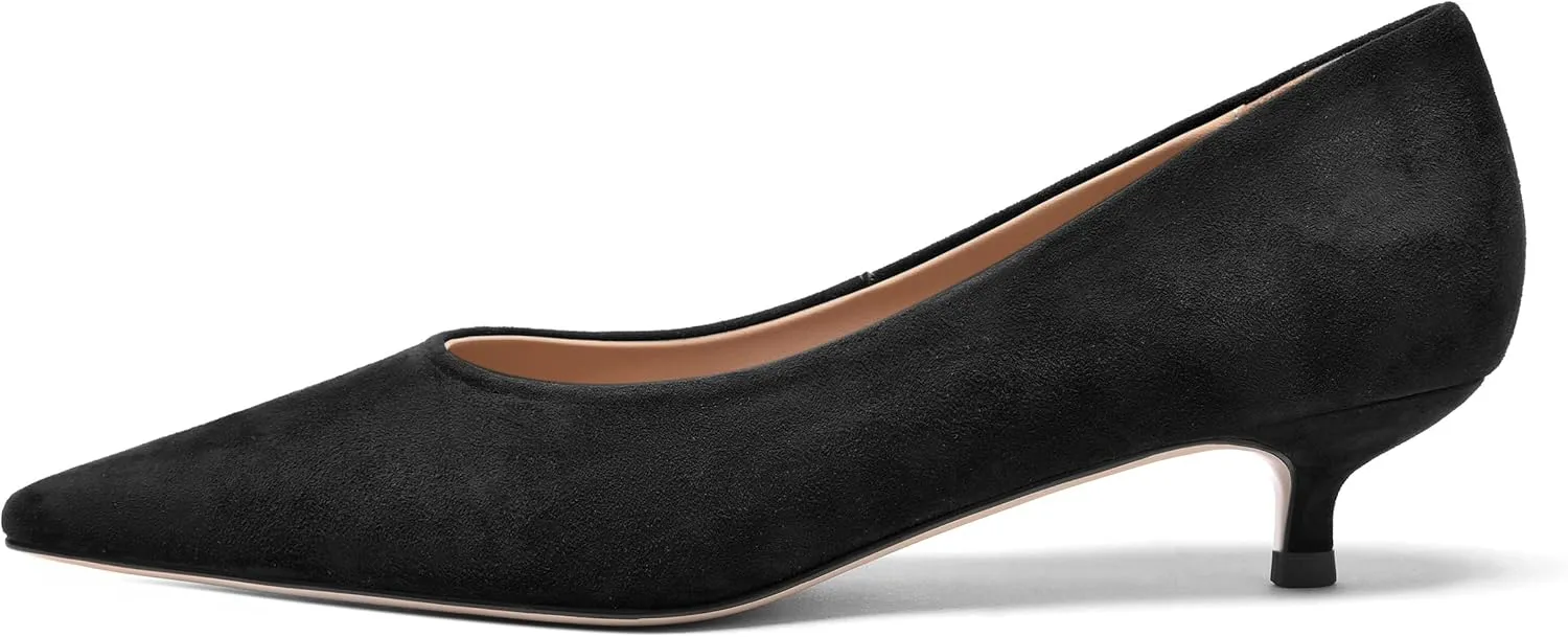 FOGEENA Womens Wedding Pointed Toe Slip On Dress Suede Leather Kitten Low Heel Pumps Shoes 1.5 Inch
