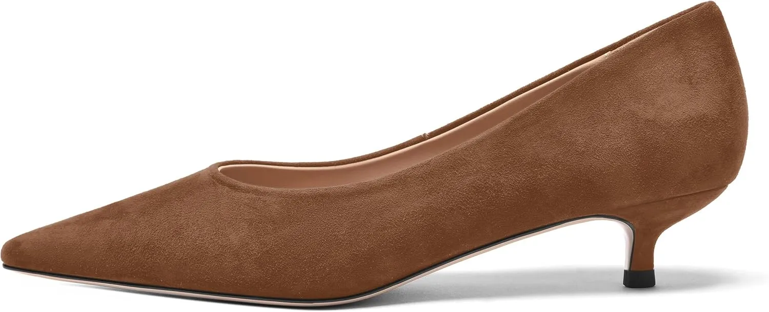 FOGEENA Womens Wedding Pointed Toe Slip On Dress Suede Leather Kitten Low Heel Pumps Shoes 1.5 Inch