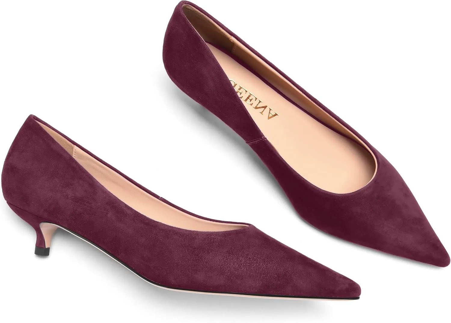 FOGEENA Womens Wedding Pointed Toe Slip On Dress Suede Leather Kitten Low Heel Pumps Shoes 1.5 Inch