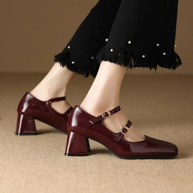 Glamorous Burgundy Patent Leather Pumps Double Strap Mary Jane Shoes with Block Heel