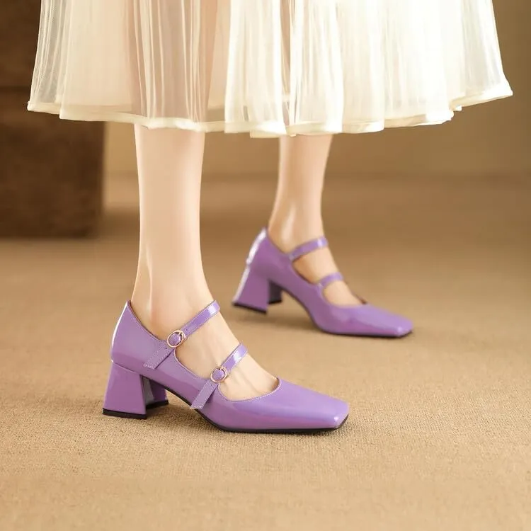 Glamorous Burgundy Patent Leather Pumps Double Strap Mary Jane Shoes with Block Heel
