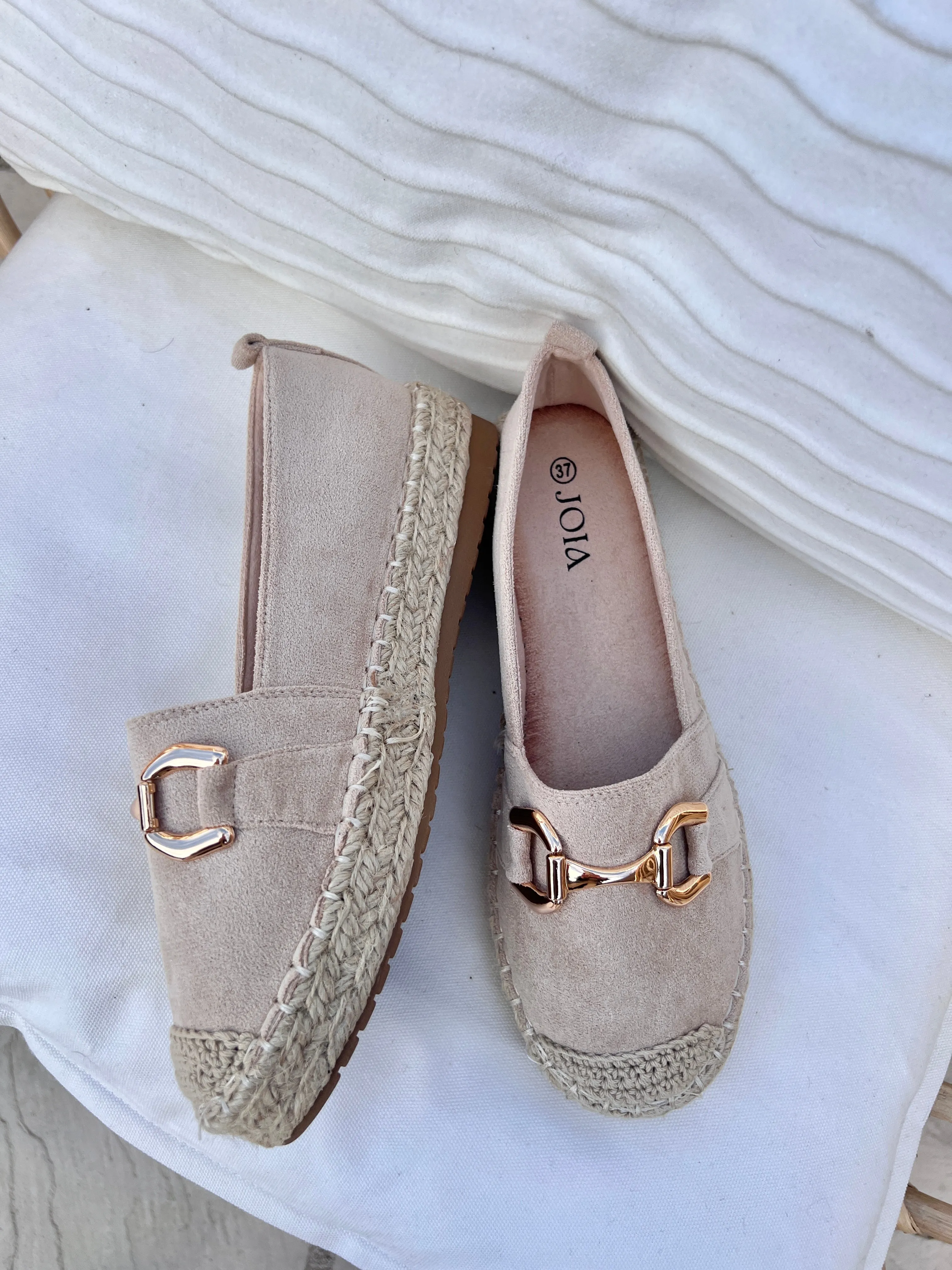 GOLD BUCKLE BEIGE ESPADRILLES (SIZE UP) - store credit only