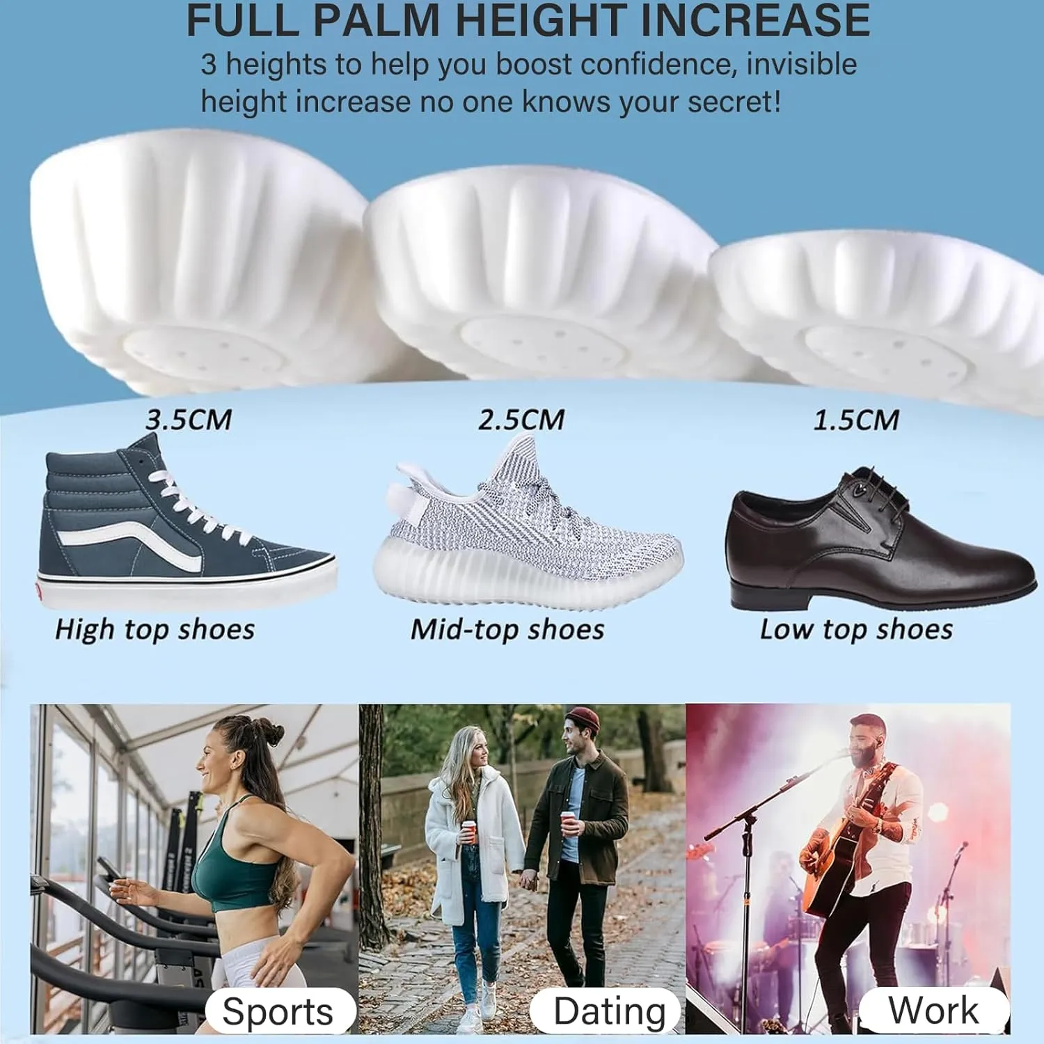 Height Increase Memory Foam Insoles for Men & Women - Taller Heel Lift Shoe Inserts with Breathable Cushioned Comfort for Sports Shoes, Work Boots | Trim to Fit (Black 3.5cm, 6-8.5 US Women)
