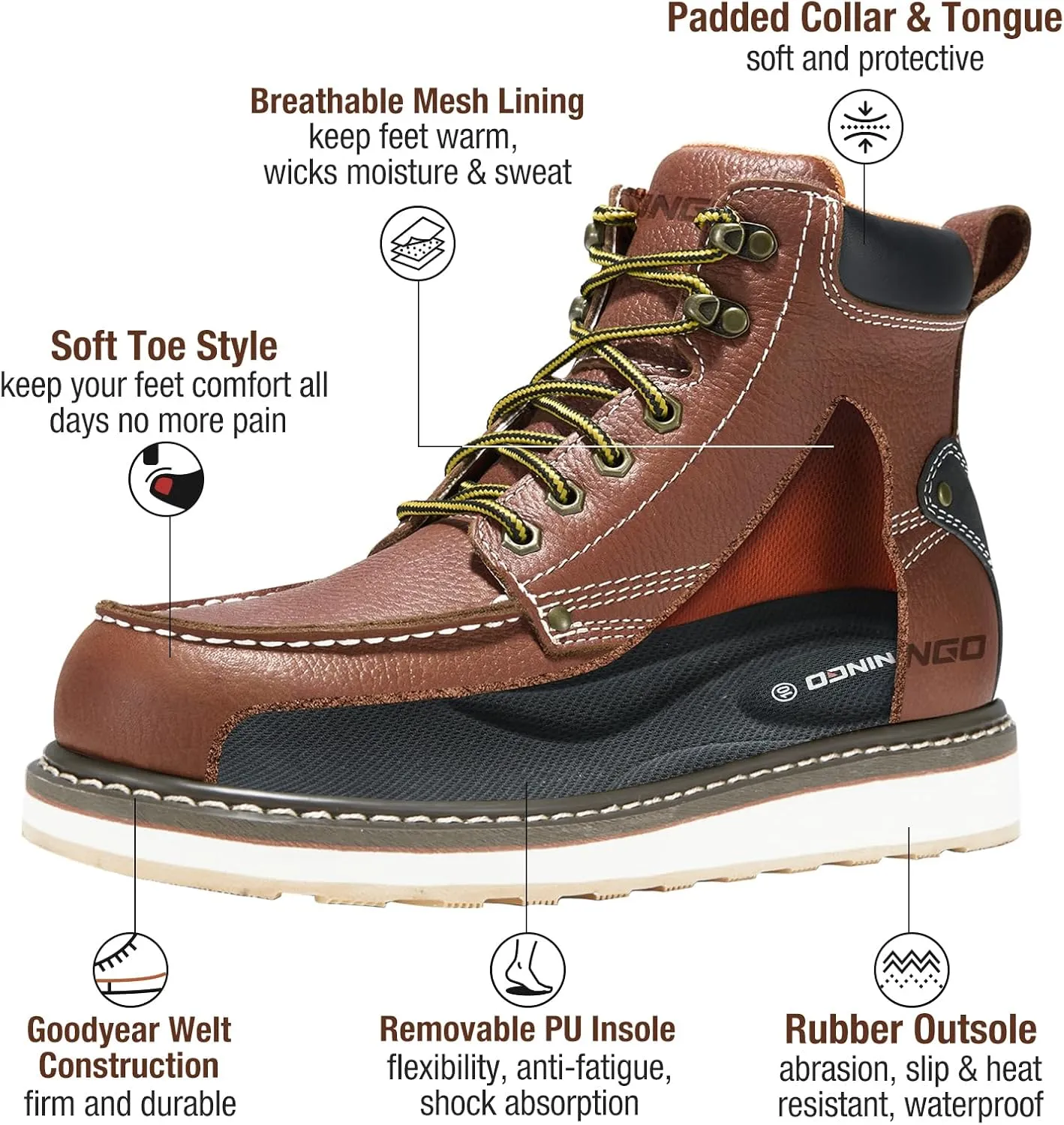 HISEA NINGO Work Boots for Men Steel/Soft Toe Boots, 6 Waterproof Slip Resistant Industrial & Construction Work Boots, Composite Toe Working Boots