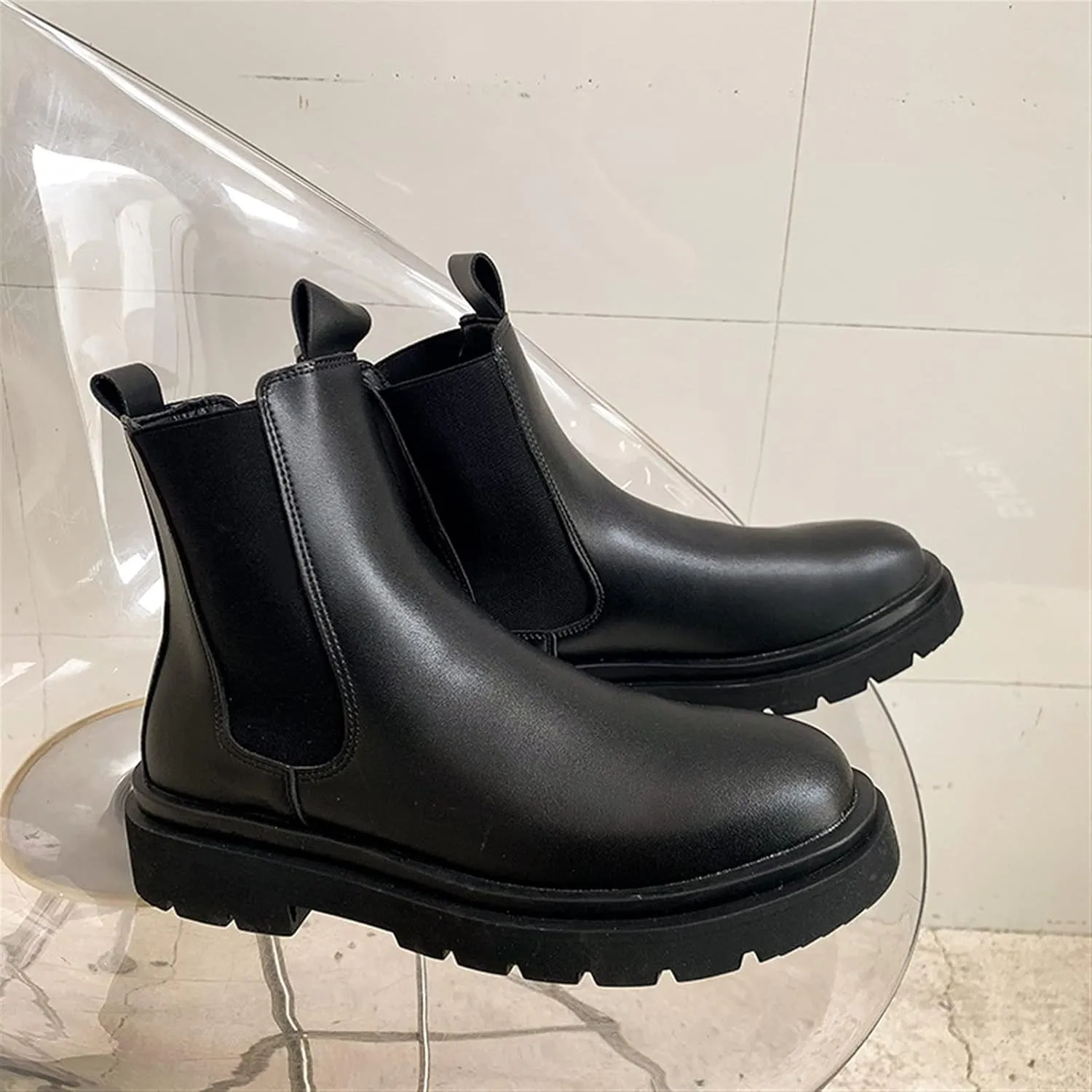 HOOENG Ankle Boots for Men Elastic Bandage Mid Top Cowhide Leather Slip on Waterproof Non Slip Dress