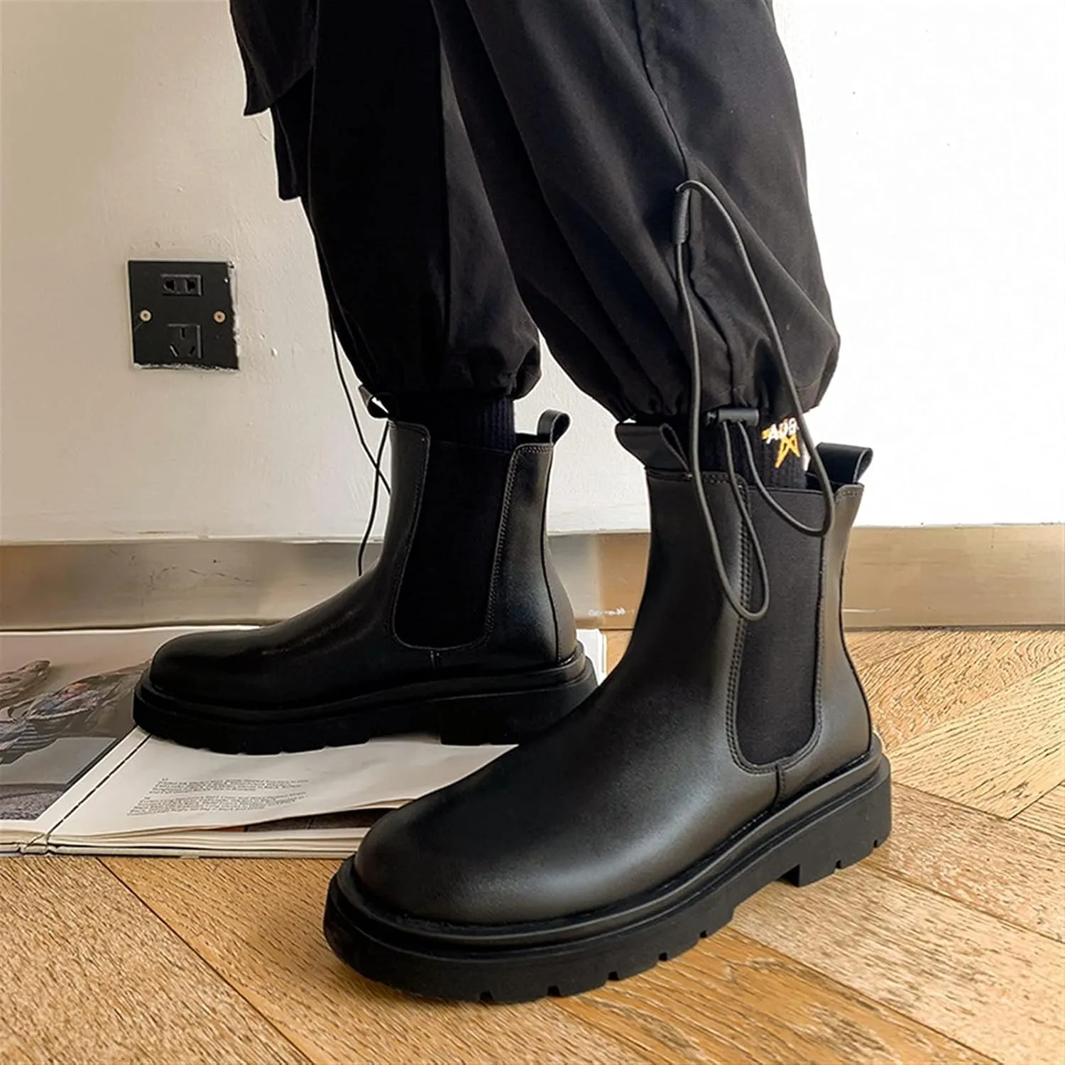 HOOENG Ankle Boots for Men Elastic Bandage Mid Top Cowhide Leather Slip on Waterproof Non Slip Dress