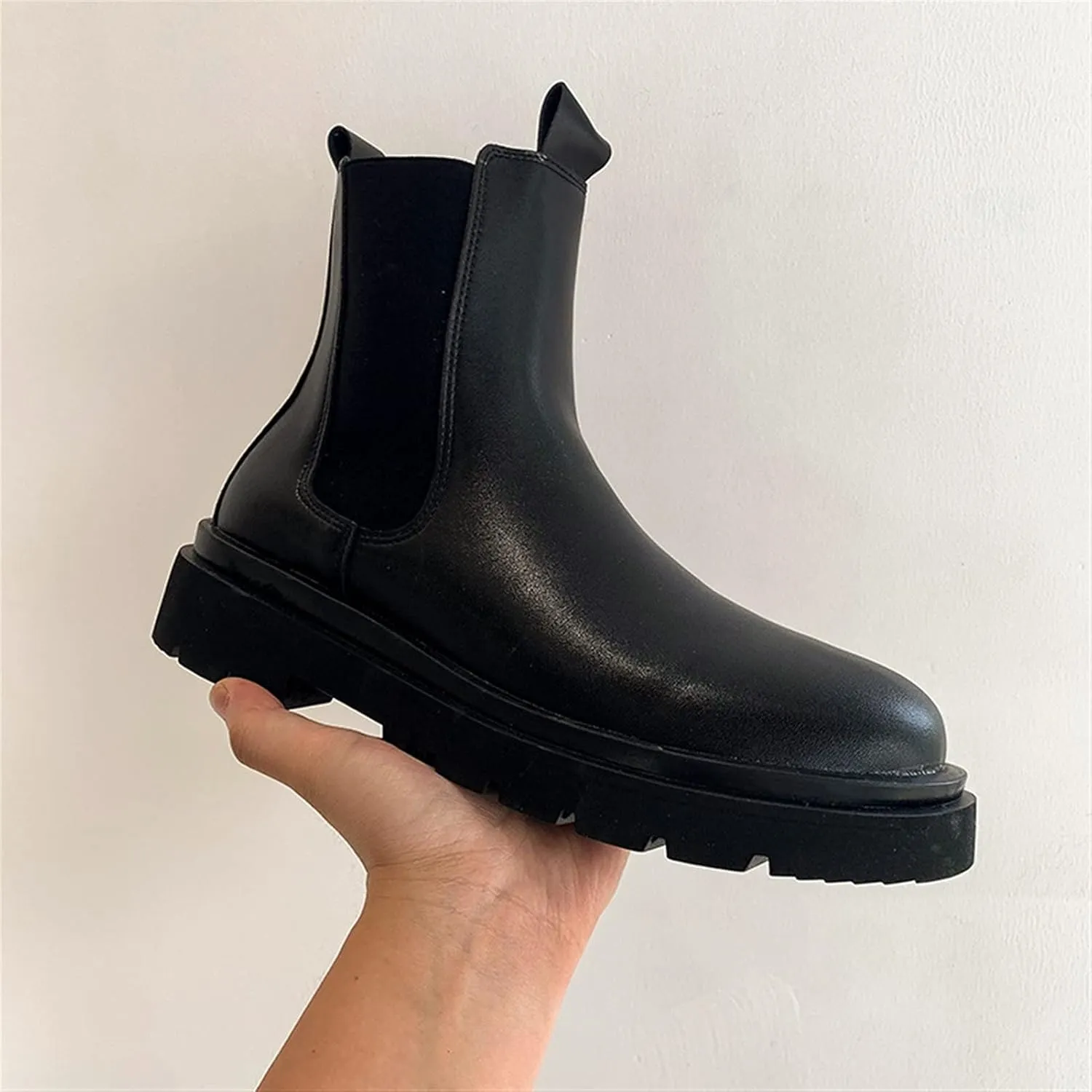 HOOENG Ankle Boots for Men Elastic Bandage Mid Top Cowhide Leather Slip on Waterproof Non Slip Dress