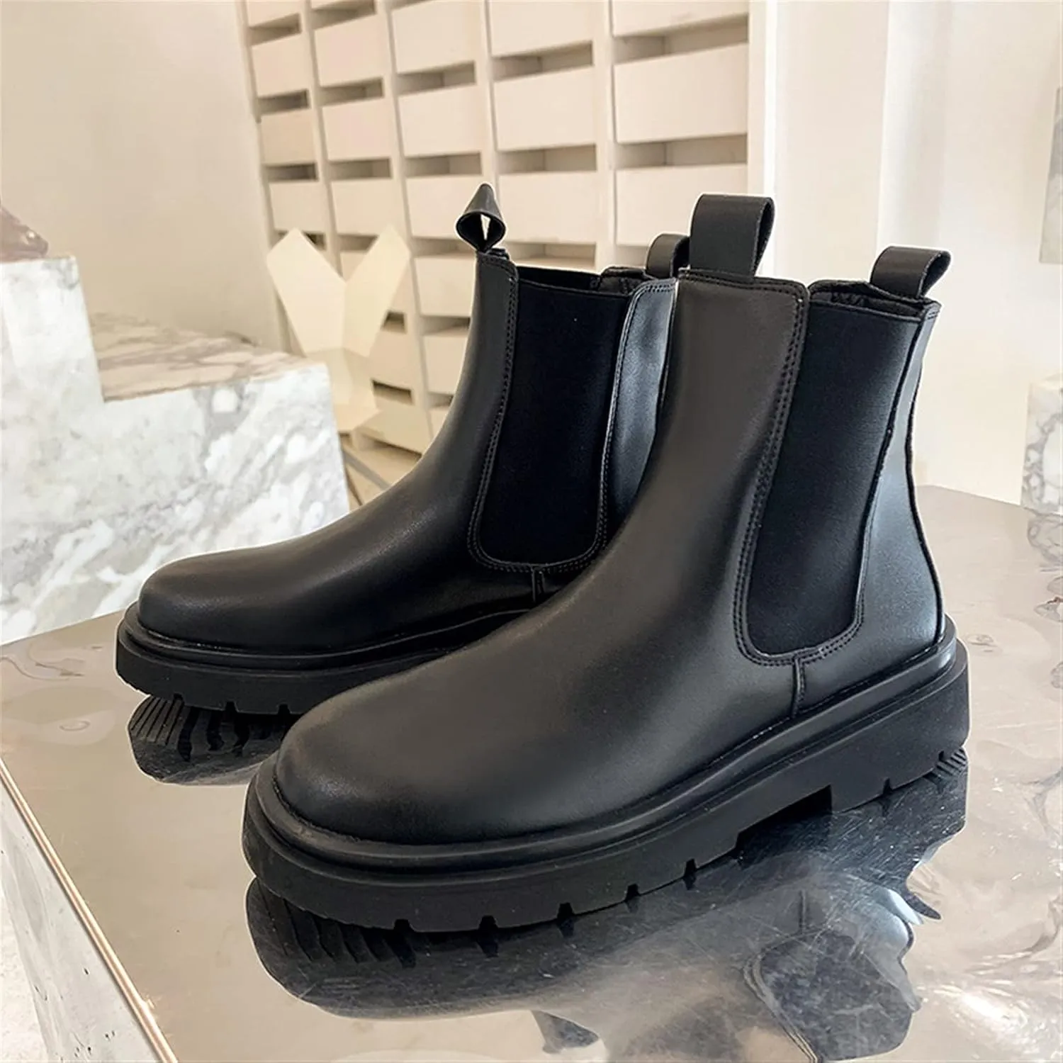 HOOENG Ankle Boots for Men Elastic Bandage Mid Top Cowhide Leather Slip on Waterproof Non Slip Dress
