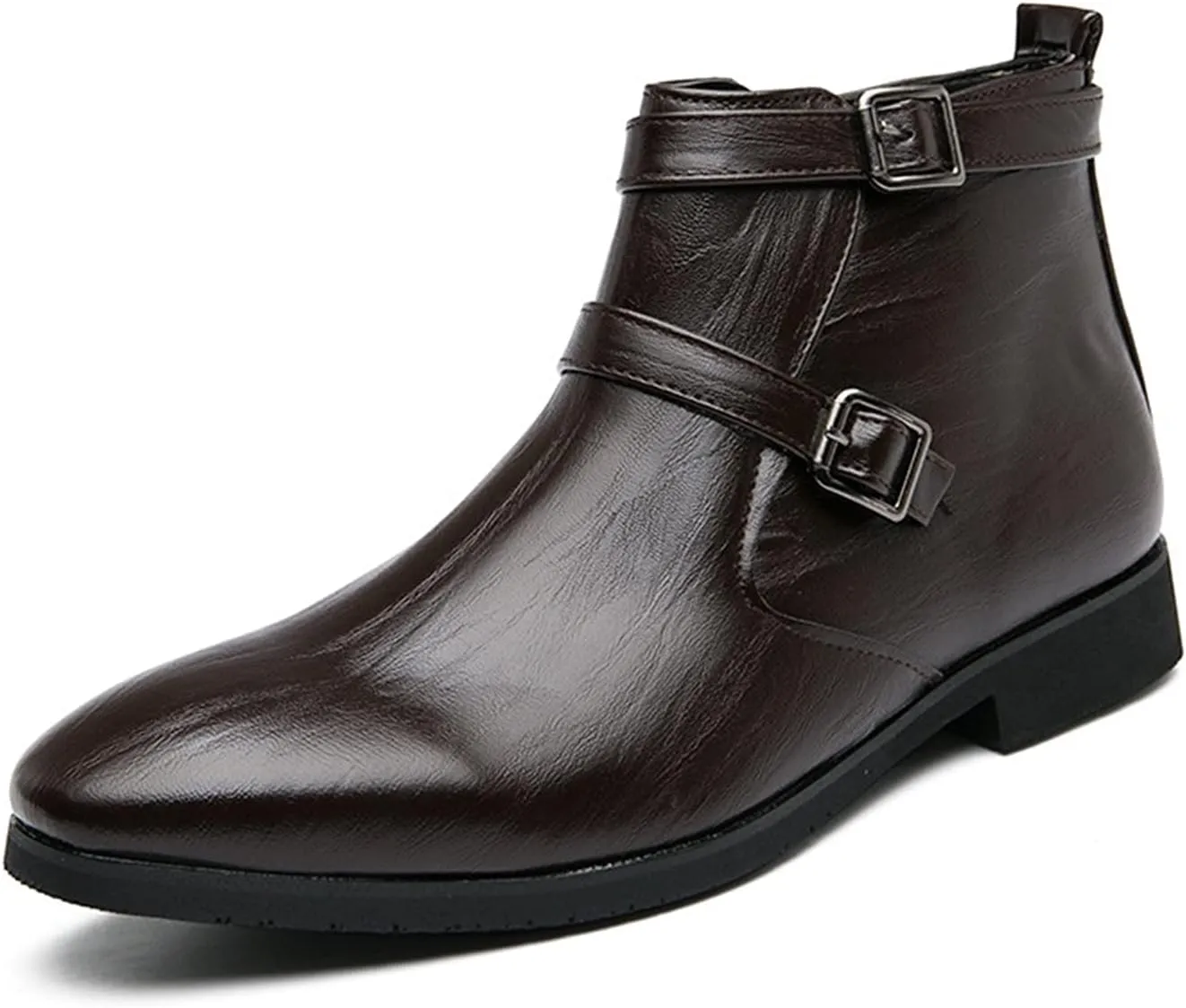 HOOENG Chelsea Boots for Men Duble Buckle Side Zip PU Non Slip Wearable Waterproof Slip on Dress Casual (Color : Brown, Size : 7.5)