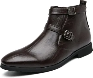 HOOENG Chelsea Boots for Men Duble Buckle Side Zip PU Non Slip Wearable Waterproof Slip on Dress Casual (Color : Brown, Size : 7.5)