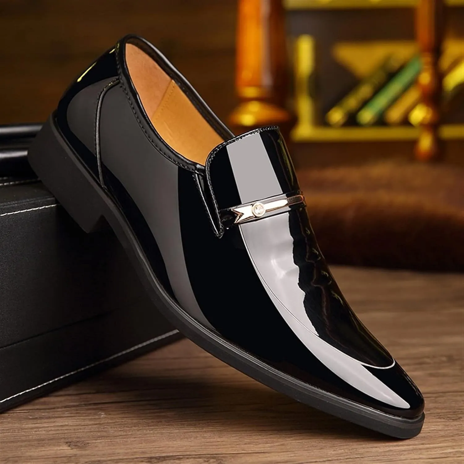 HOOENG Oxford Shoes for Men Slip On Round Toe Shiny Vegan Leather Rubber Sole Low Top Slip Resistant Walking