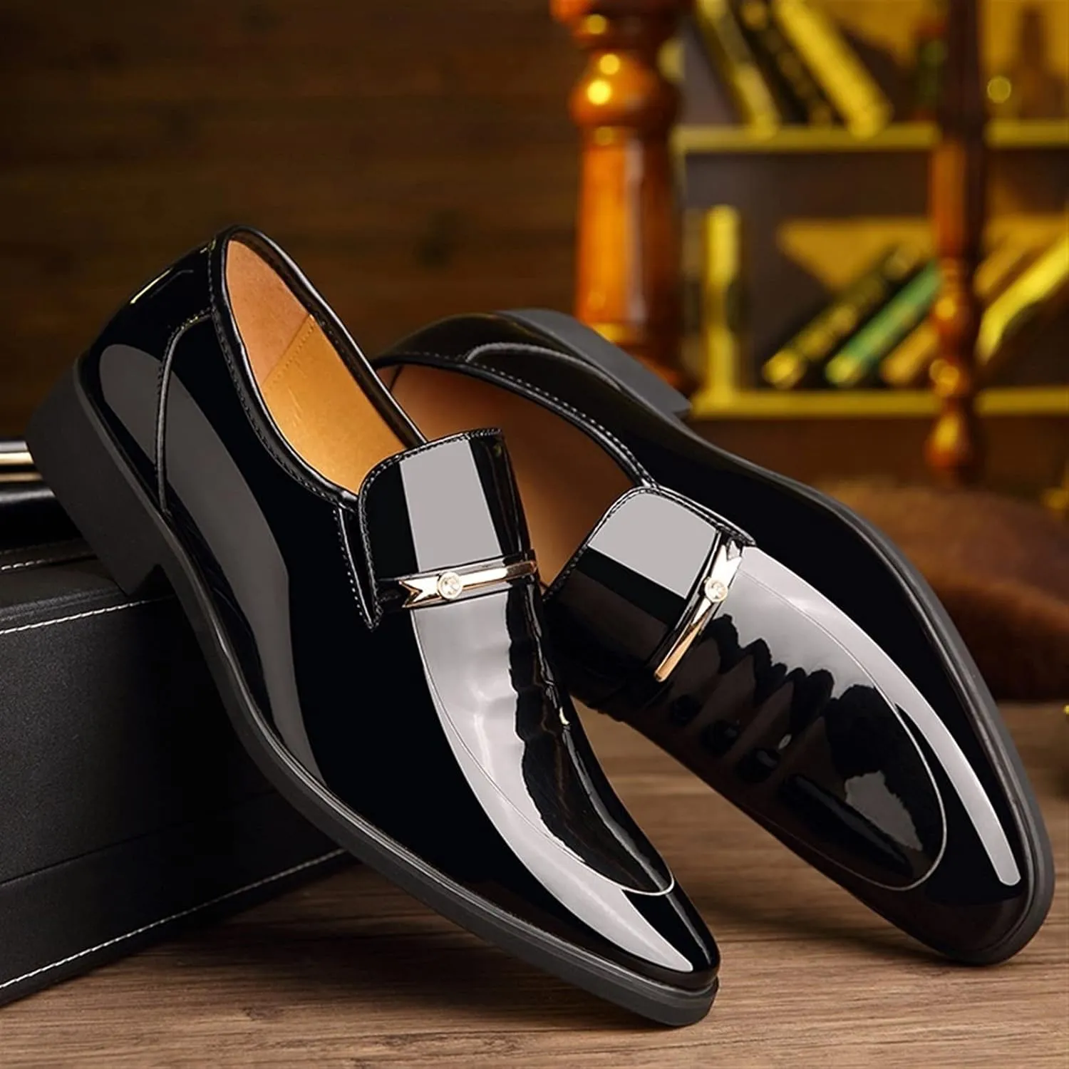HOOENG Oxford Shoes for Men Slip On Round Toe Shiny Vegan Leather Rubber Sole Low Top Slip Resistant Walking