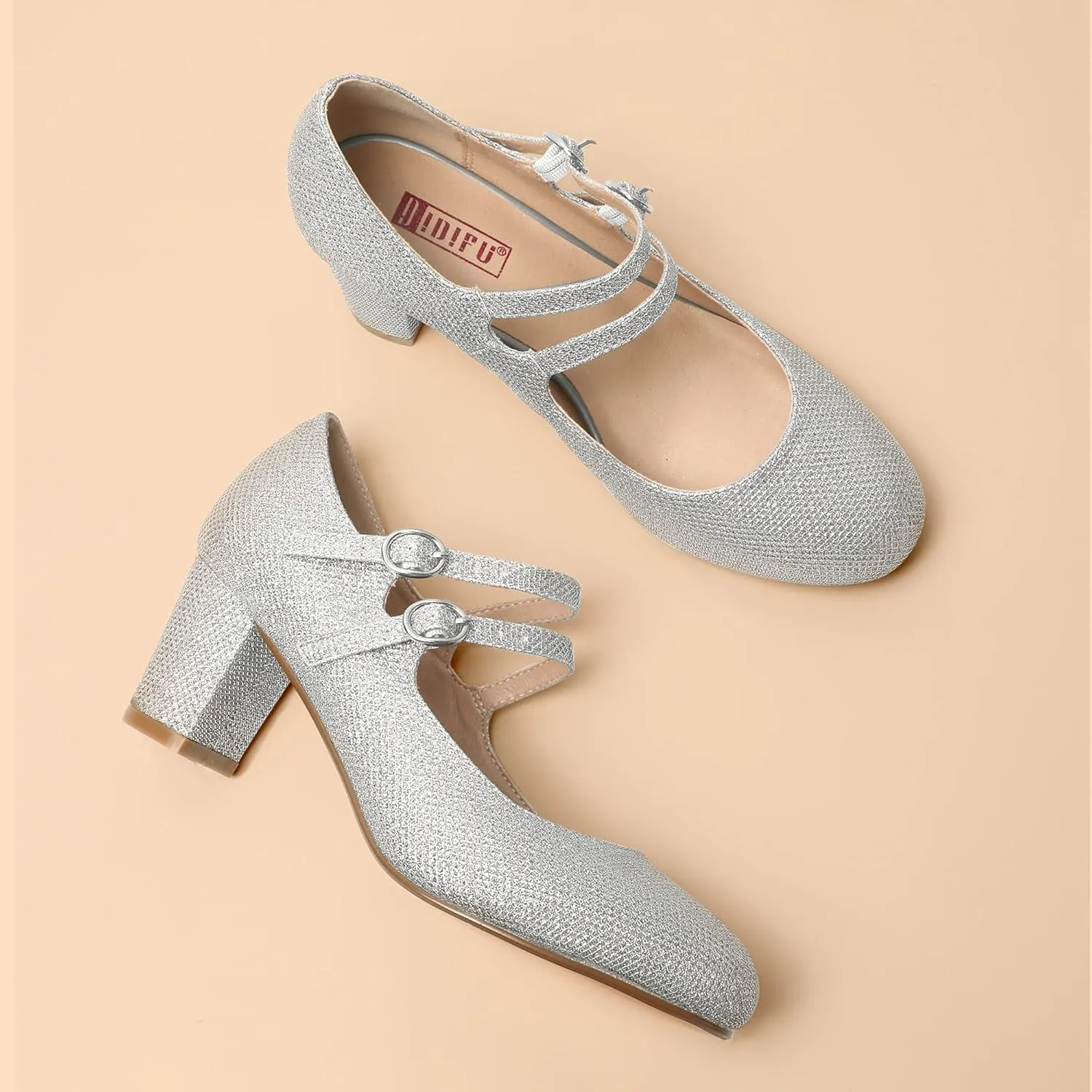 IDIFU Women's Dress Shoes for Women Pumps Mary Jane Heels Low Block Round Closed Toe Wedding Office Work