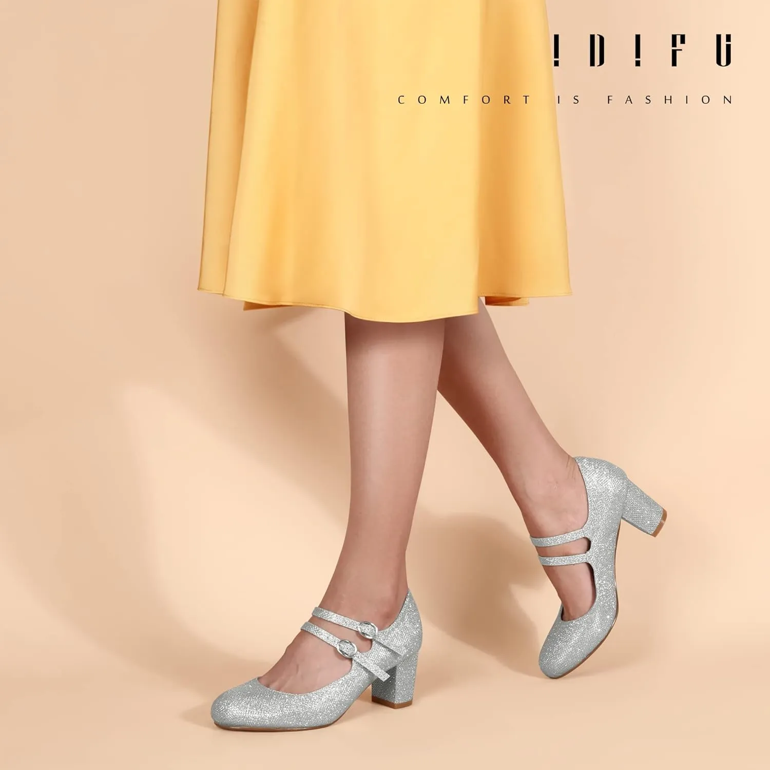 IDIFU Women's Dress Shoes for Women Pumps Mary Jane Heels Low Block Round Closed Toe Wedding Office Work