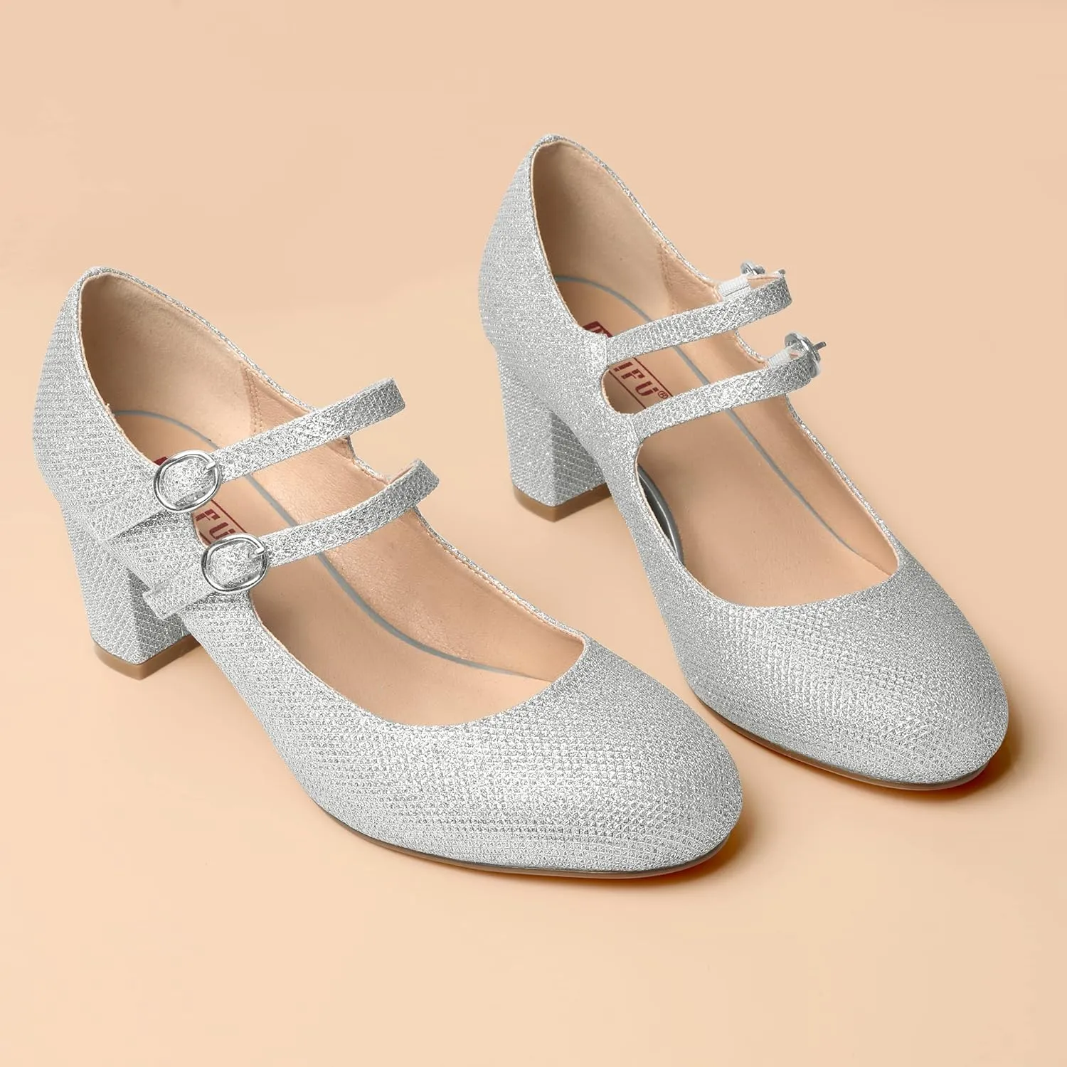 IDIFU Women's Dress Shoes for Women Pumps Mary Jane Heels Low Block Round Closed Toe Wedding Office Work