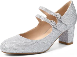 IDIFU Women's Dress Shoes for Women Pumps Mary Jane Heels Low Block Round Closed Toe Wedding Office Work