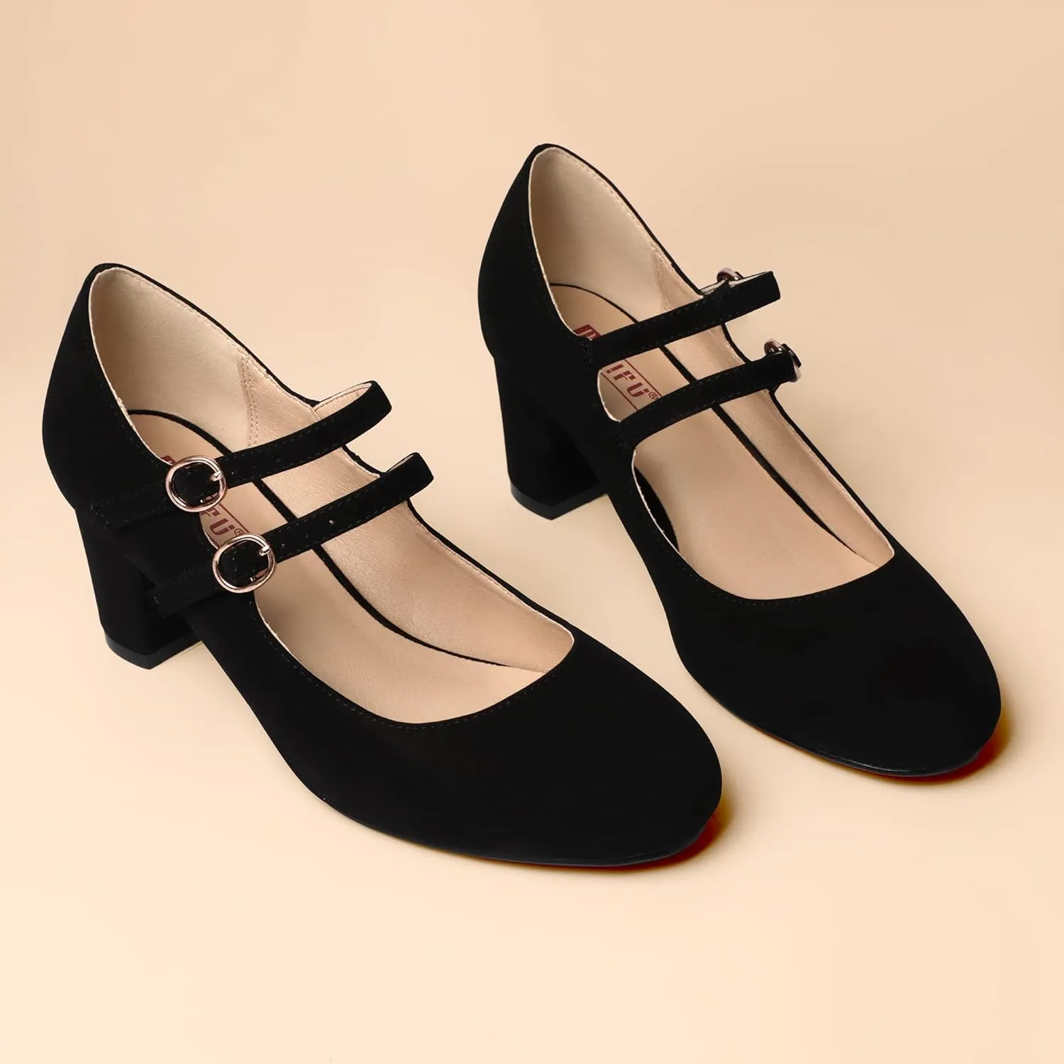 IDIFU Women's Dress Shoes for Women Pumps Mary Jane Heels Low Block Round Closed Toe Wedding Office Work
