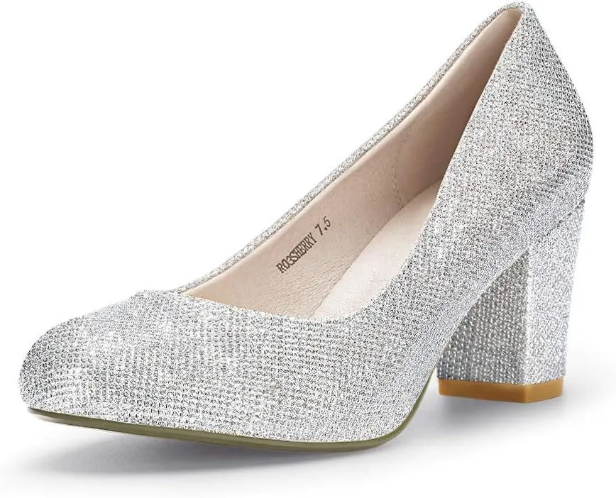 IDIFU Women's Sherry Dress Low Block Chunky Heels Pumps Closed Round Toe Shoes for Wedding Office Evening