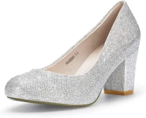 IDIFU Women's Sherry Dress Low Block Chunky Heels Pumps Closed Round Toe Shoes for Wedding Office Evening