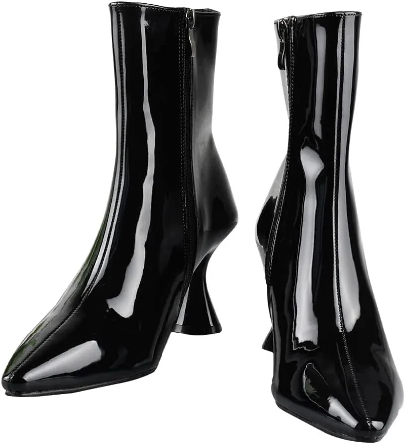 iiniim Women's Wetlook Faux Leather Waterproof Boots Shoes Kitten Heel Pointed Toe Zipper Ankle Boots